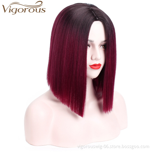 Black Ombre Wine red Synthetic no lace Wig For black Women Short Straight Bob Wigs High Temperature Fiber Middle Part